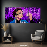 Tanjiro anime wall art poster by Dripster featuring Tanjiro under vibrant purple wisteria flowers